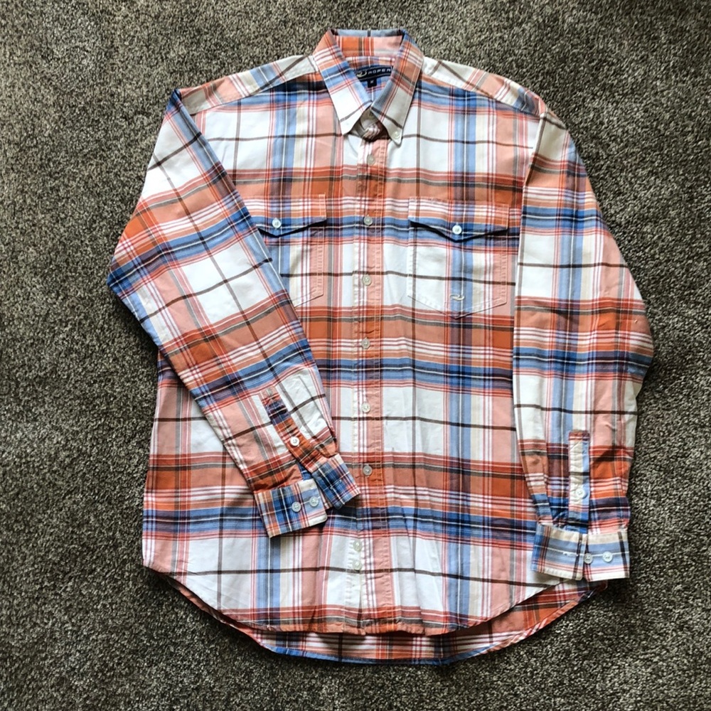 Roper men’s rust orange and blue plaid western shirt.